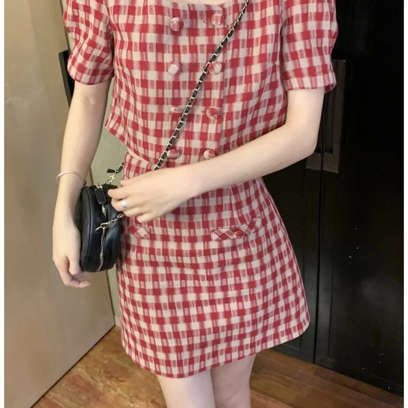 Sweet Girls Y2K Plaid Skirts 2pcs Set Korean Summer Short Sleeve Cropped Tops with A-line Mini Skirt Suits Women Fashion Outfits