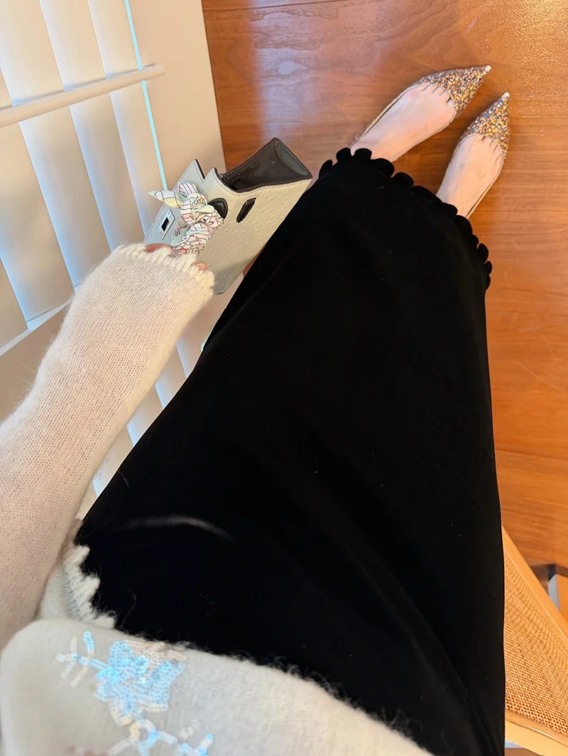 

Bla Velvet Ruffle High Waist Slimming f Skirt Elastic Draped Ele Versatile Slimming Midi Little Bla Dr