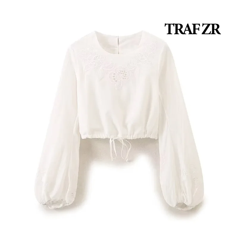 

TRAF ZR Embroidery T-shirts Woman Summer 2024 Long Sleeve Tee O-Neck Women Tops White Basics Prairie Chic Hollow Out T-shirts