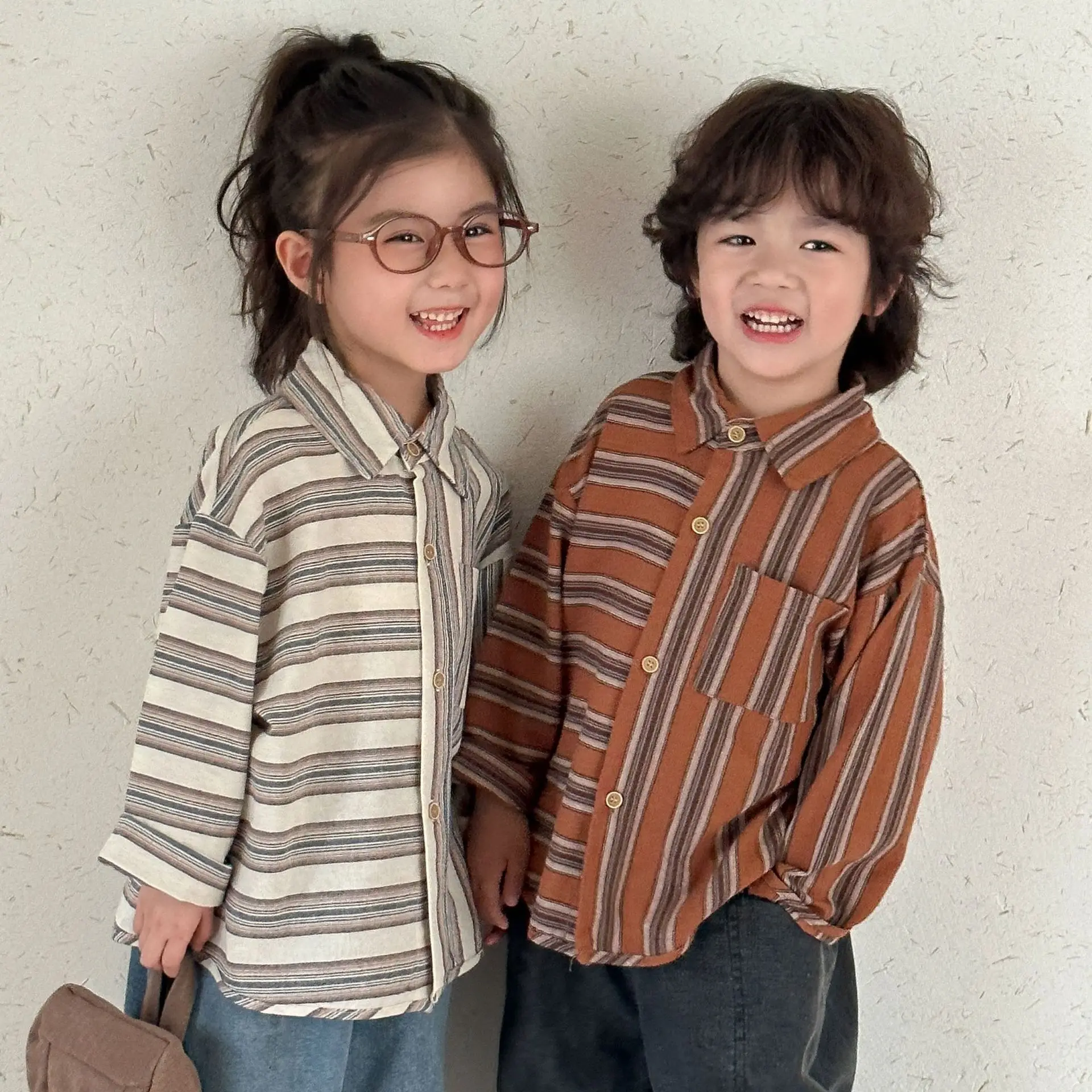 2025 Spring New Children Long Sleeve Lapel Shirts Cotton Boys Casual Striped Shirts Girls Versatile Tops Coat Kids Clothes