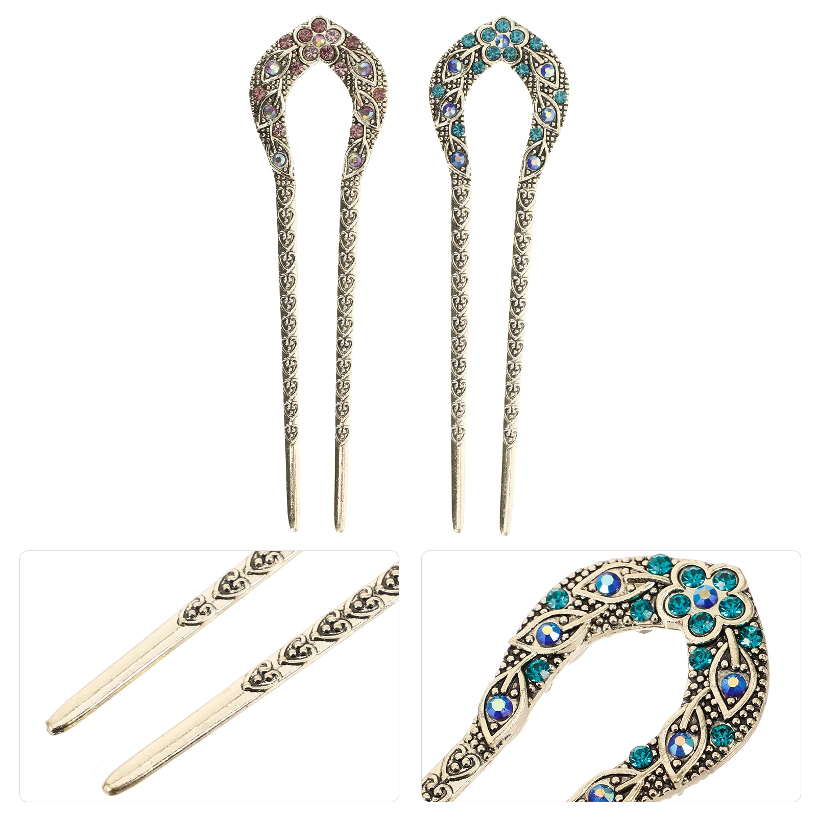 

2Pcs Hairpin Vintage Rhinestone Double Prong Dovetail Clip U Shape Elegant Accessories For Party Wedding Banquet