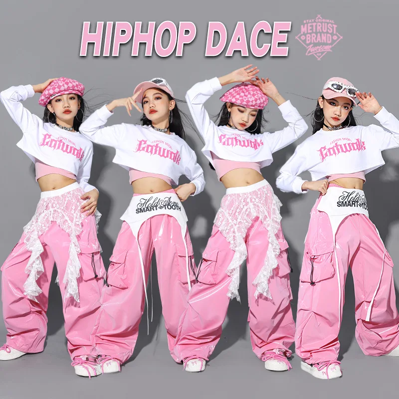 Girls K-pop Pink Crop Top Cargo Pants Children Streetwear Girl Group Costume Kids Hip Hop Street Dance Jazz Teens Clothes Sets