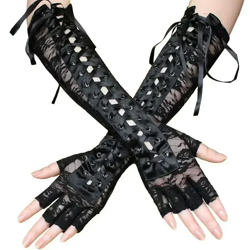 Women Sexy Black Floral Lace Fingerless Fishnet Mesh Mittens Elbow Length Half-Finger Gloves with Ribbon Ties for Dance Party