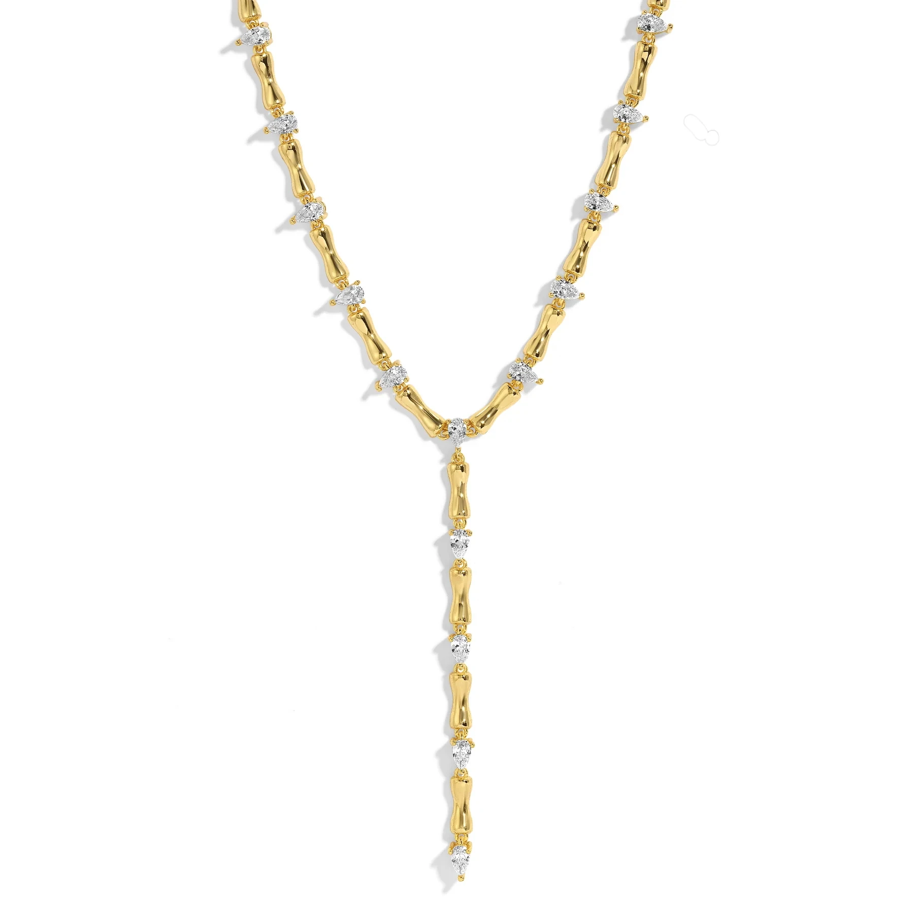 Gold Color Geometric Trendy Women Jewelry 5A Tear Drop Cubic Zirconia CZ Bamboo Tennis Chain Long Y Lariat Necklace