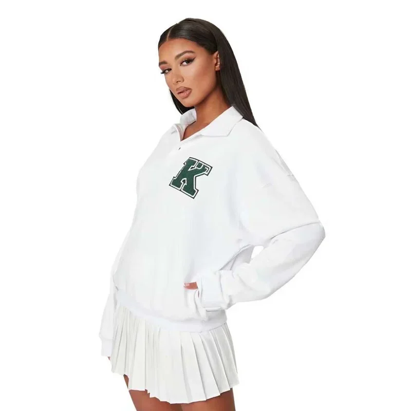 American Retro White Lazy Letter Thin Sweatshirts Autumn Tide Ins Street Polo Collar Sport Tshirts Women Casual Tennis Jumper