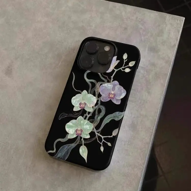 أنيقة نمط الأوركيد خلفية سوداء الفنية قضية الهاتف آيفون 17 16 15 14 11 12 13 برو ماكس الهواء زائد الغطاء الخلفي #4