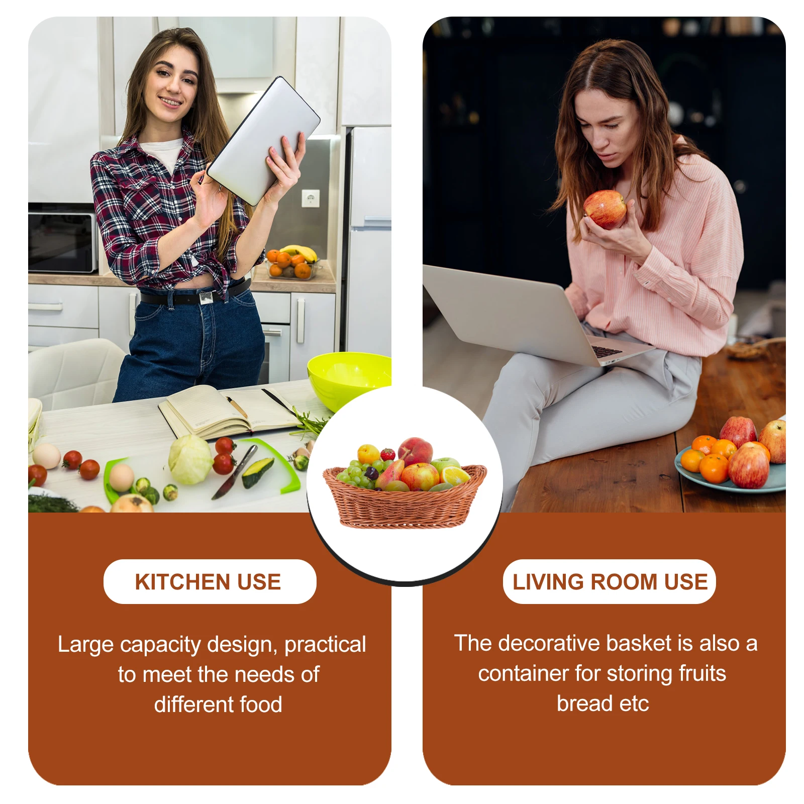 

Storage Basket Imitation Rattan Food Hamper Household Kitchen Organizer Snacks Fruits Bread Bakery Natural Style