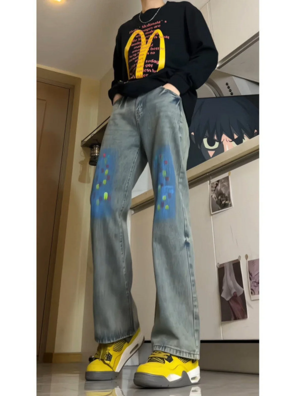 

Американские джинсы в стиле хип-хоп с вышивкой, мужские модные свободные прямые брюки-колокольчики, повседневные длинные брюки, молодежные винтажные