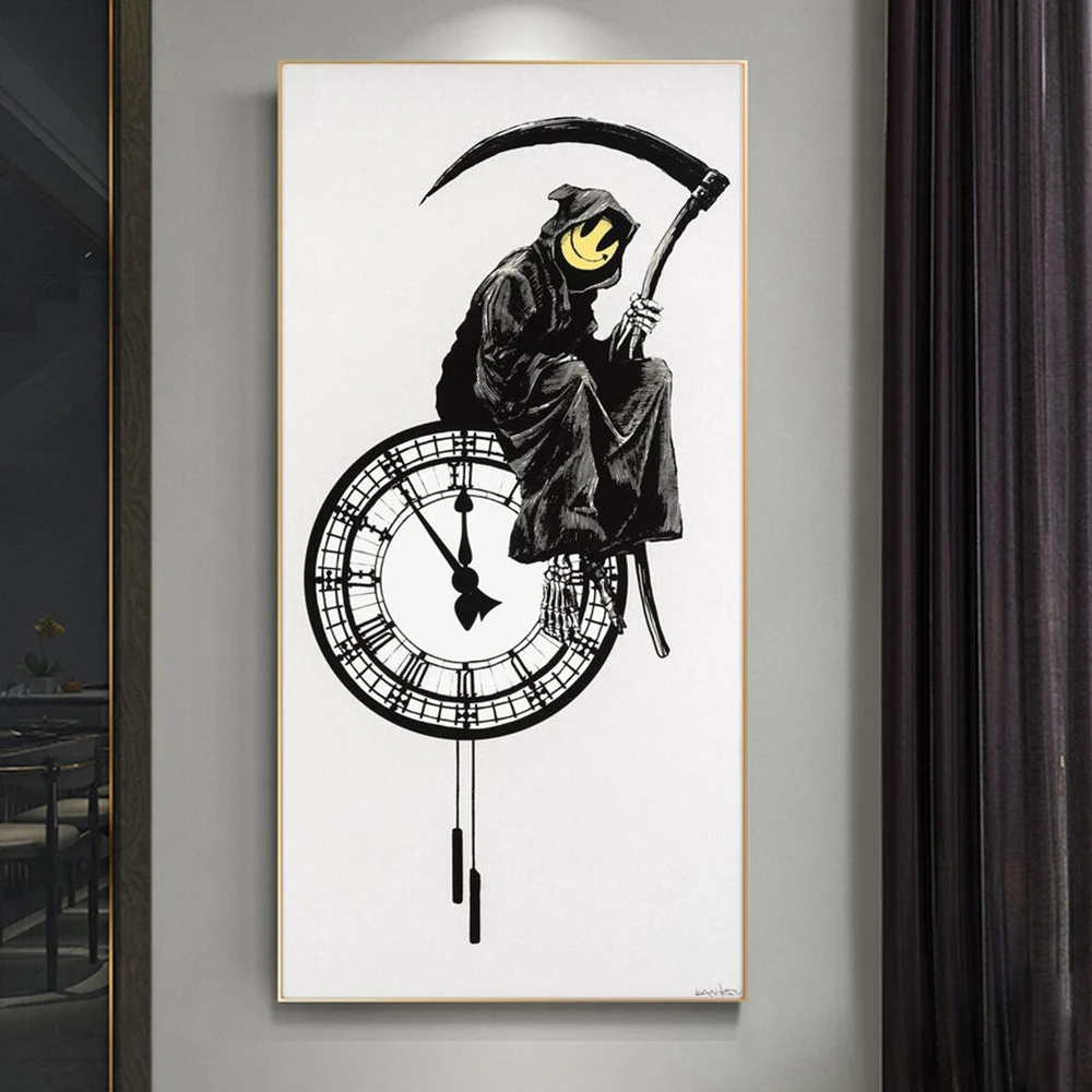 

Banksy Grim Reaper Smiley Clock Sickle Posters Wall Art Canvas Prints Classic Figures Paintings Living Room Home Decor Pictures