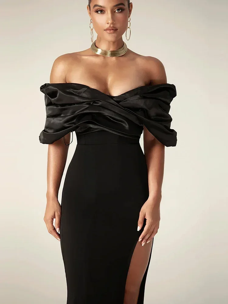セクシーなサテンフリルショルダーハイスリットロングドレス女性黒オフショルダープリーツボディコンマキシドレスエレガントなイブニングパーティードレス