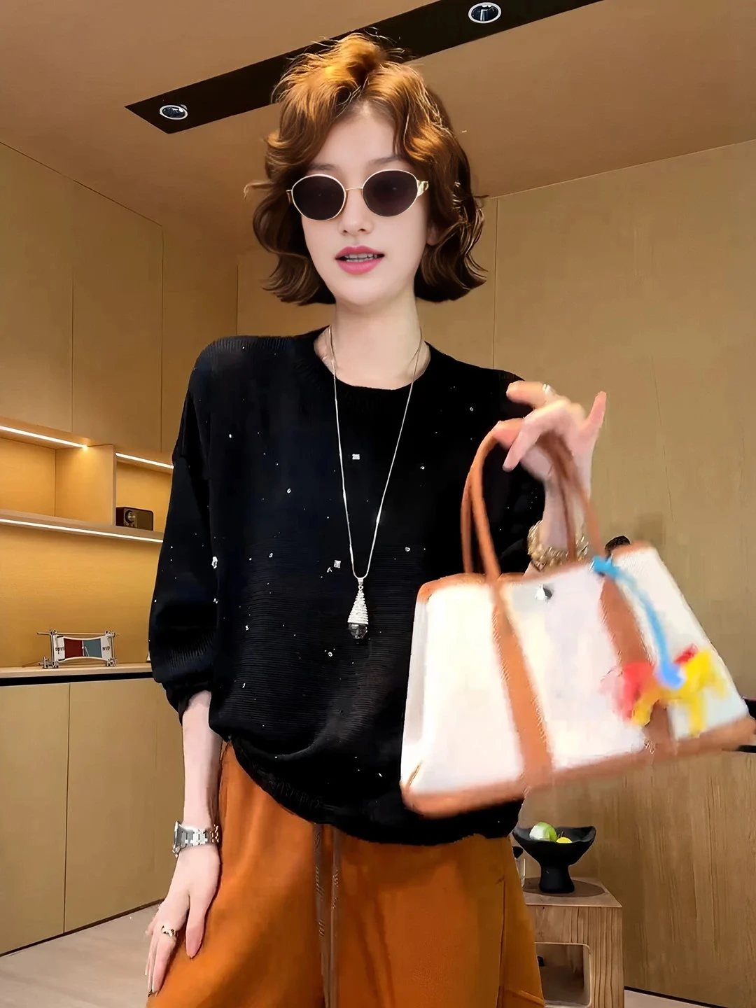 plus Size Long Sleeve Knitted Sweater Women's Hole Design Slimming Diamond Fragments Black Autumn New Style Cover up Top