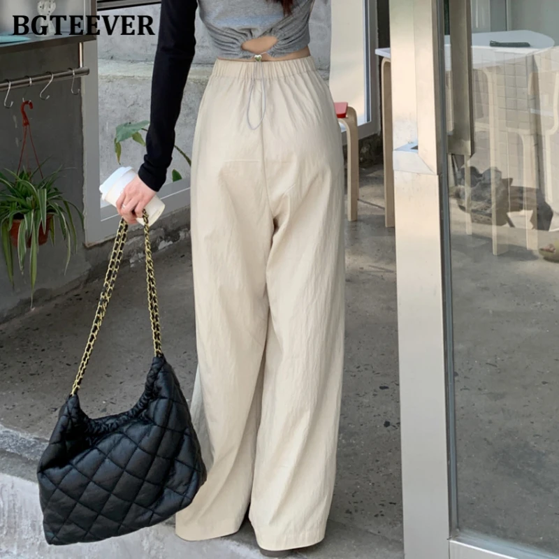 BGTEEVER Summer Loose Thin Long  Pants Women Casual Elastic Waist Pockets Ladies Wide Leg Trousers