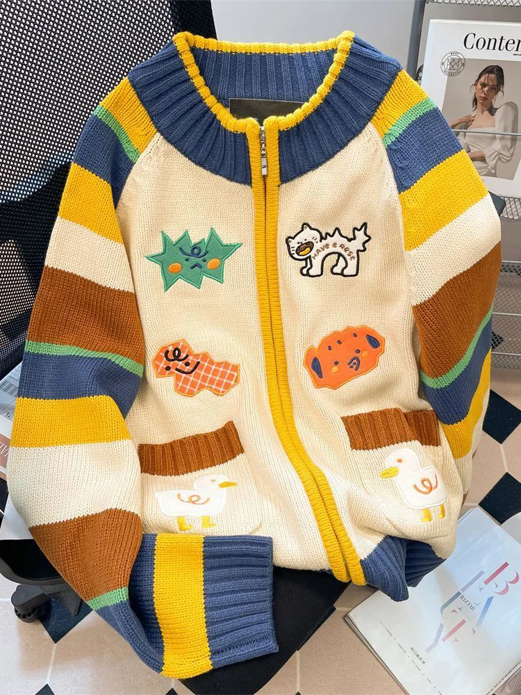 

Zoki милый японский милый кардиган женский осенний ленивый ветер Kawaii вязаный свитер с героями мультфильмов винтажный консервативный стиль лоскутные свободные топы новые