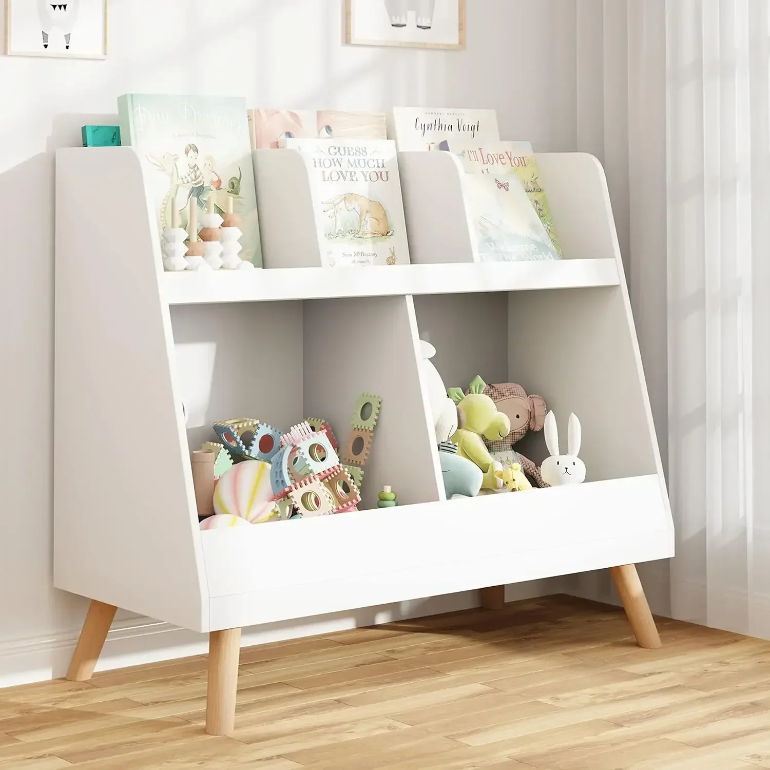 Kids Bookshelf and Toy Organizer, Cubbies Wooden Open Bookcase, Baby Storage Display with Legs, Free Standing Bookshelf