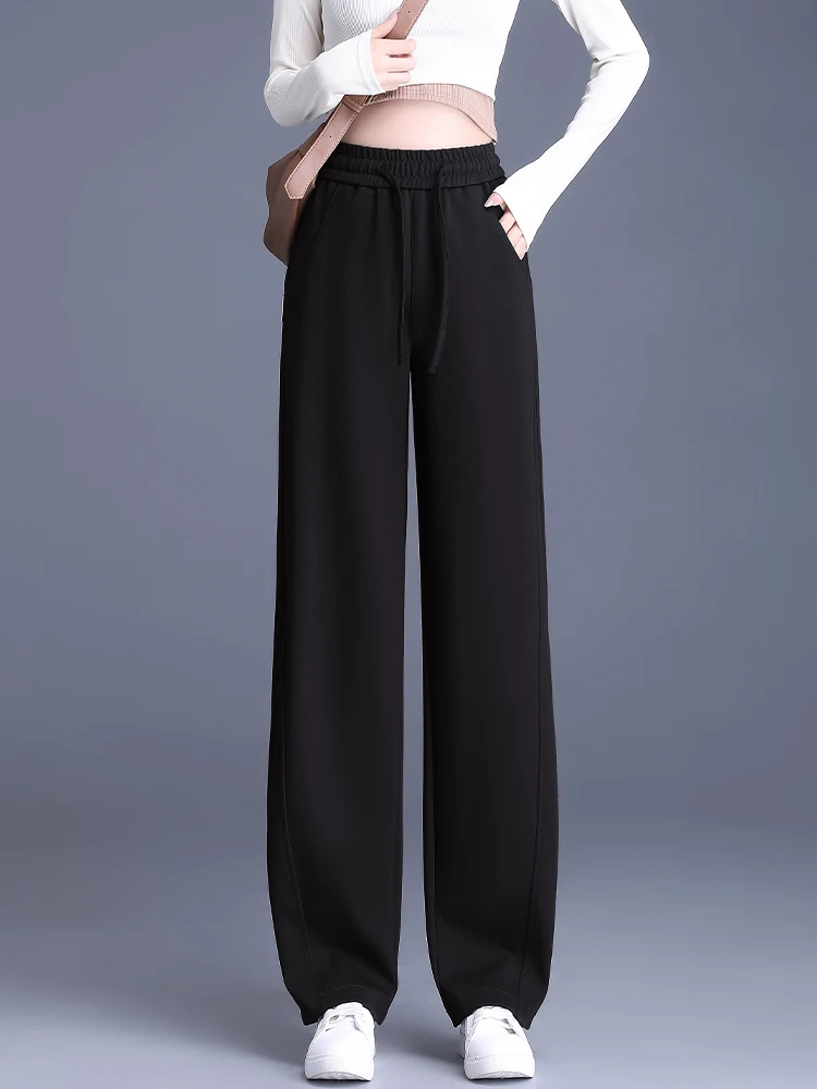 

Повседневные широкие спортивные брюки для женщин, весна-осень, новая европейская версия, брюки-бананы с высокой талией, свободные, универсальные, прямые штанины.