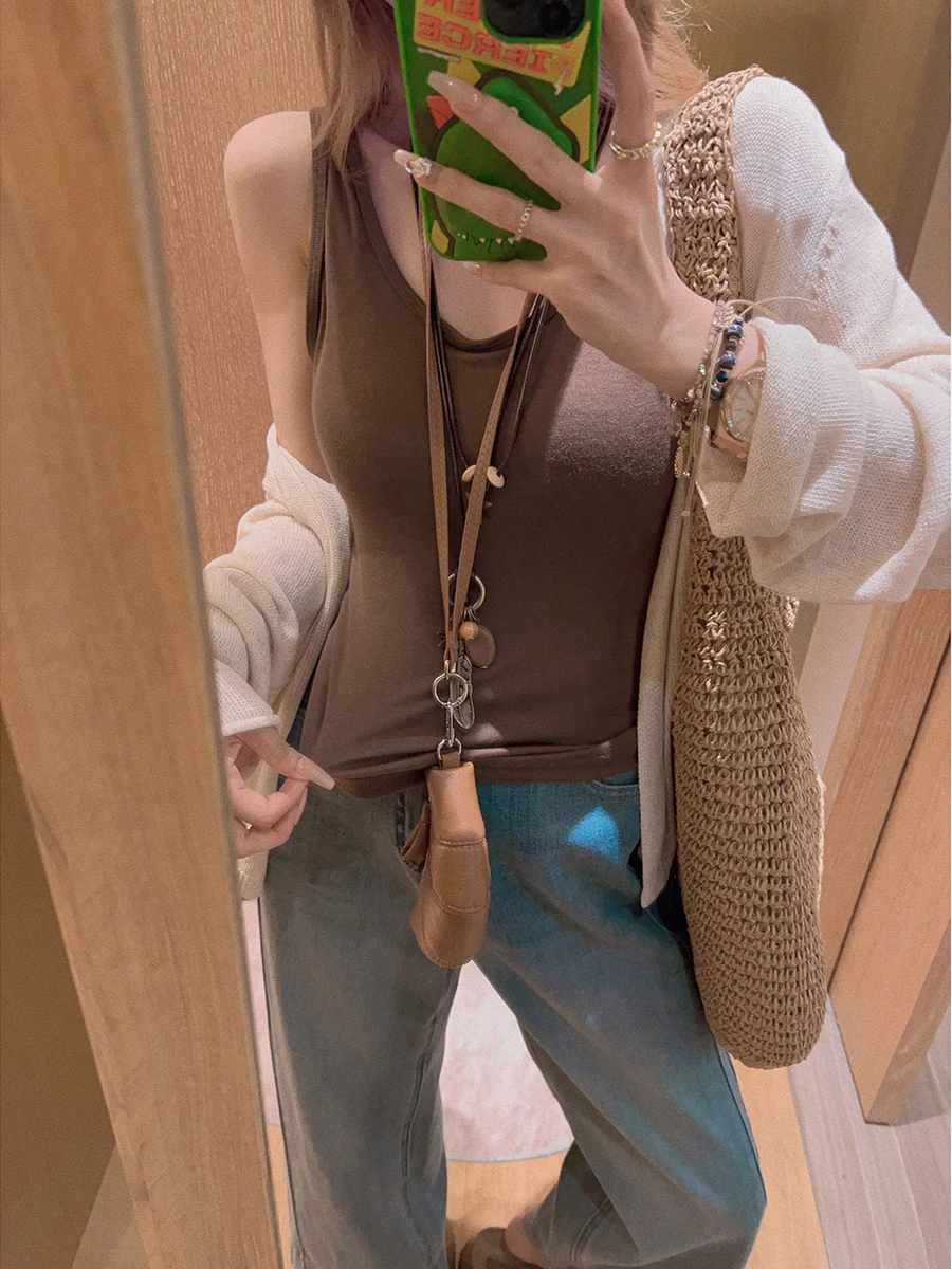 

Yukiss Silk Blend One-Piece Brtte Tank Top U-Neline Outerwear Original Design Pure Color Suitable for Ages 8-24