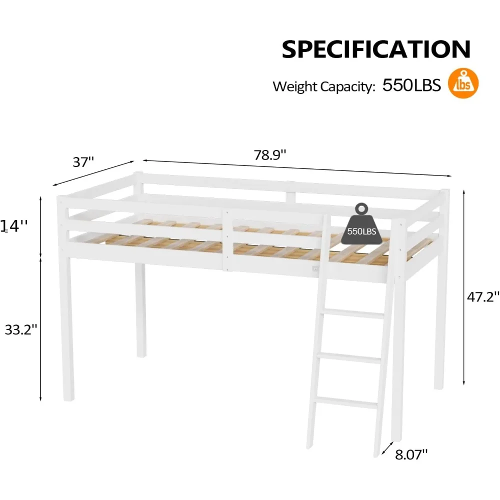 Junior Low Loft Bed with Stairs, White Wood Loft Bed Twin Size for Adults, Kids and Young Teens, No Box Spring Required