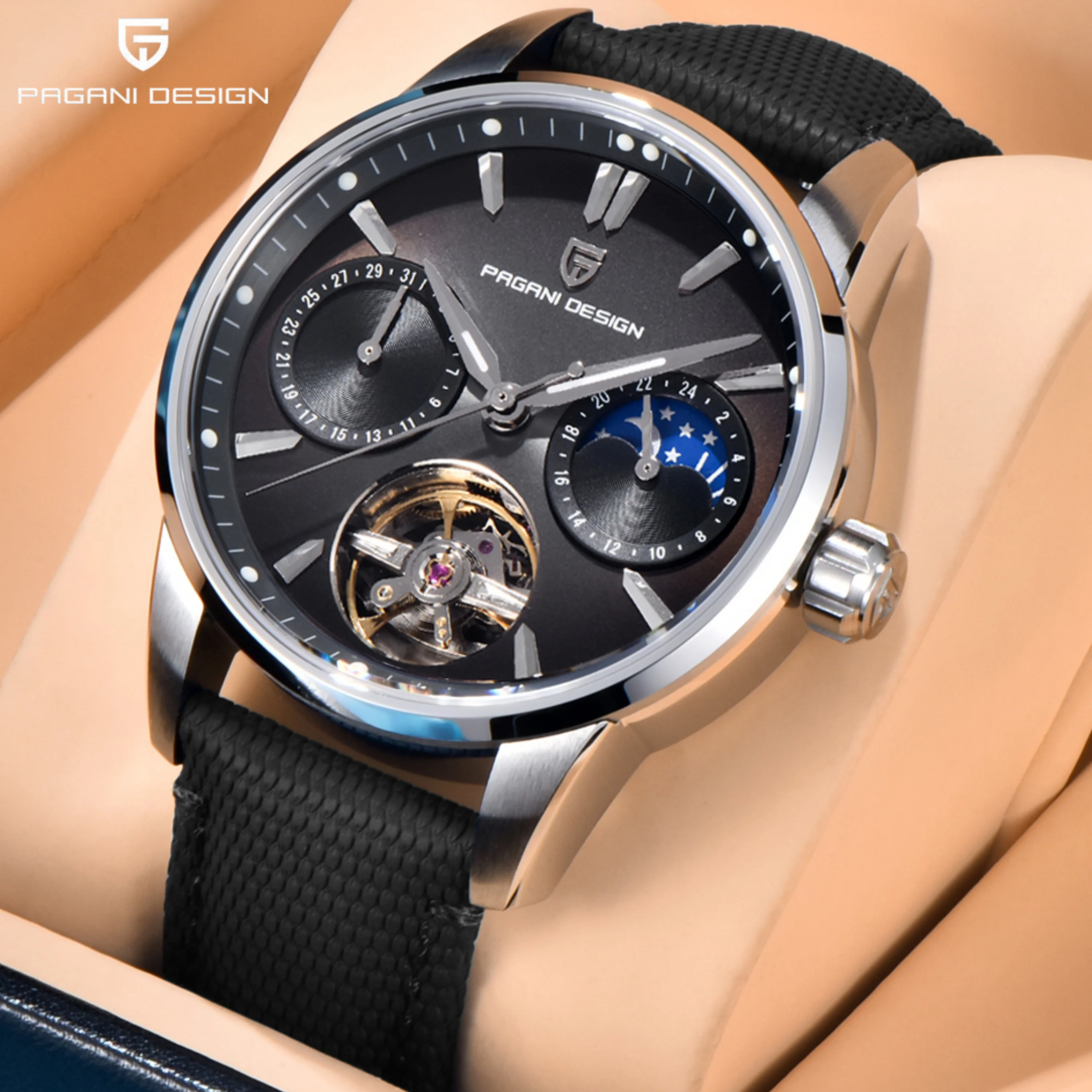 PAGANI DESIGN 2025 PD-YS021 Luxuriöse mechanische Herrenuhr, offenes Herz, Tourbillon, Mondphase, lila Zifferblatt, Saphirglas, 41 mm, 100 m WR