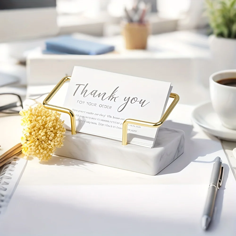 Marble Business Card Holder Marble Desktop Organizer Golden Metal Frame Double-Slot Business Card Organizer for Office Reception