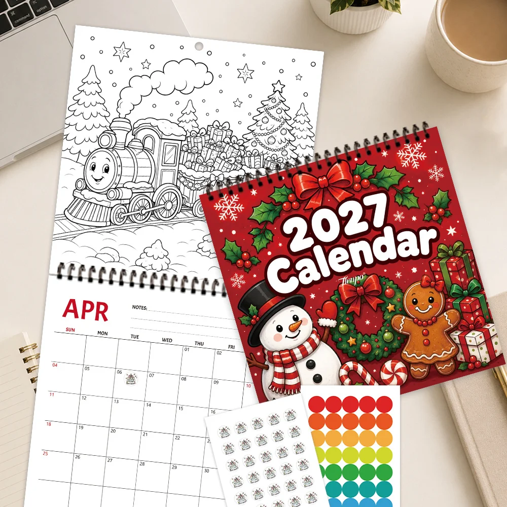 1pc 2027 Christmas DIY Coloring Wall Calendar,12‑Month Planner,Gift For Back‑to‑School,Christmas,New Year,Free Stickers Included