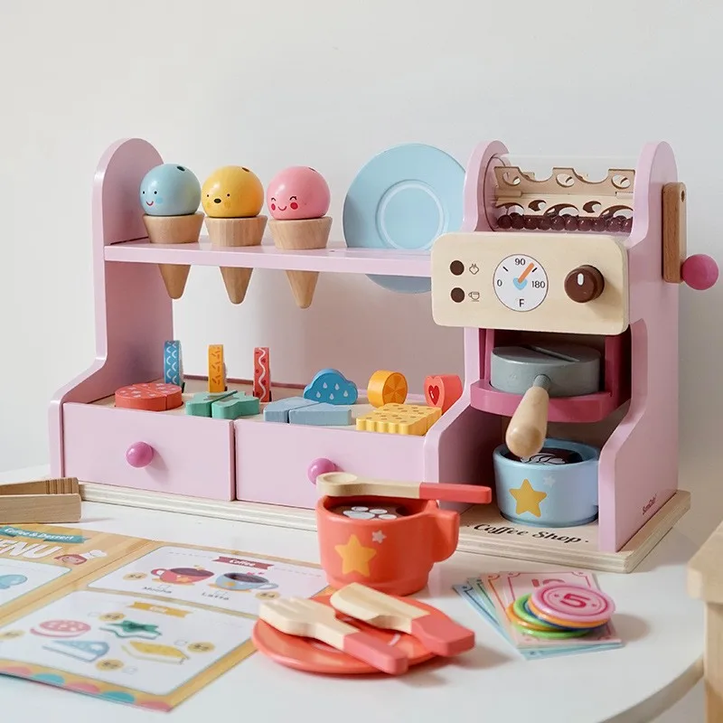 LazyChild Wooden Ice Cream Shop Toy Set Kids Ice Cream Coffee Machine Pretend Play Girls Birthday Gift