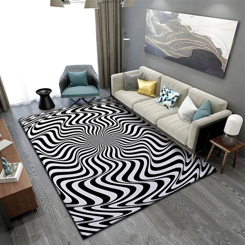 Black/White Geometric Carpets for Living Room Bedroom Large Area Rug Anti-Slip 3D Vortex Illusion Print Sofa Tea Table Floor Mat