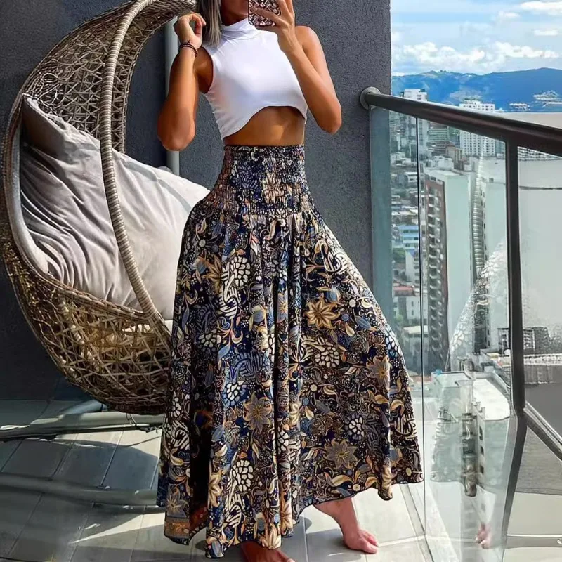 2024 Spring Summer New Women's Clothing Retro Floral Printed Waist-Controlled Wide Leg Trousers