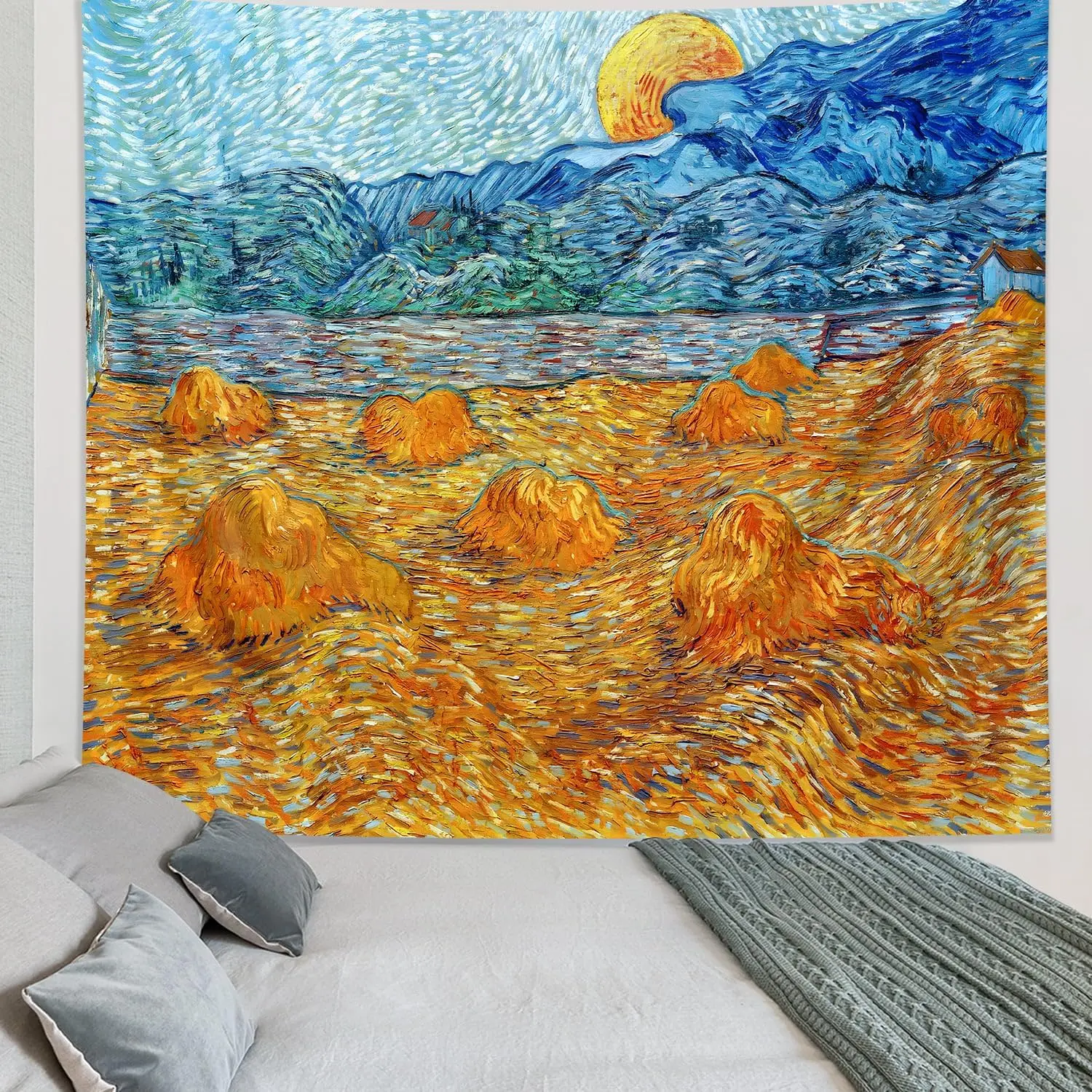 Van Gogh Mountain Nature Tapestry, Van Gogh Wall Art Posters for Room Aesthetic, Moon Landscape Wall Hanging, Yellow and Blue