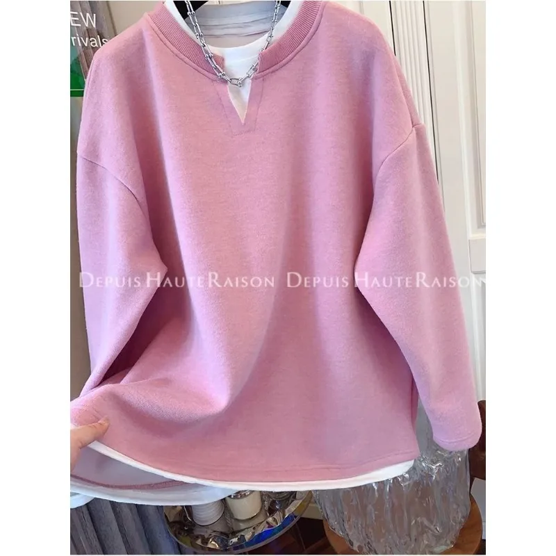 Dames gesplitst effen kleur ronde hals trui met lange mouwen nep tweedelig sportsweatshirt dieptepunt shirt losse top