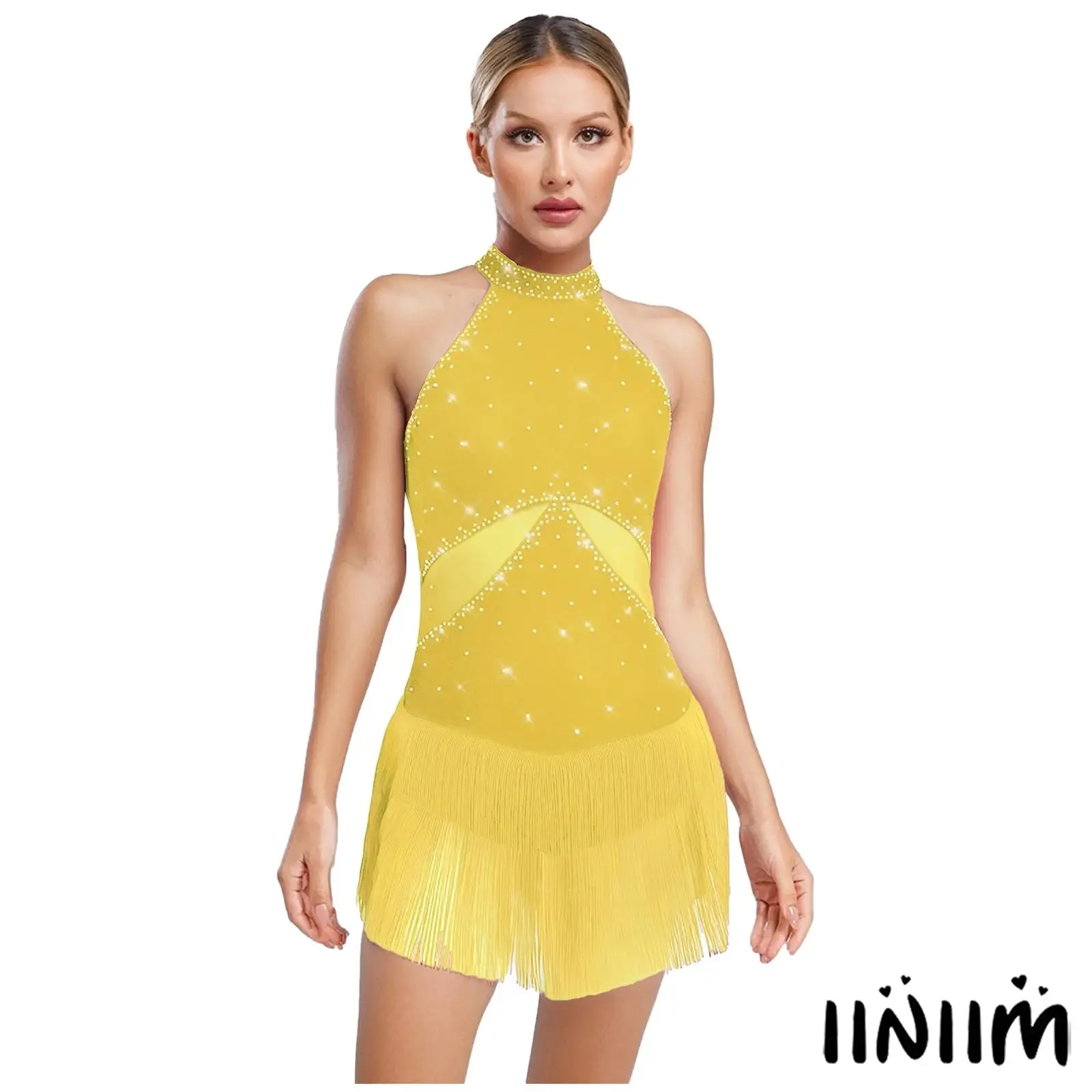 

Womens Sexy Rhinestone Dance Leotard with Tassel Hollow-Out Back Stretchy Bodysuit for Latin Cha-Cha Performances Theme Parties
