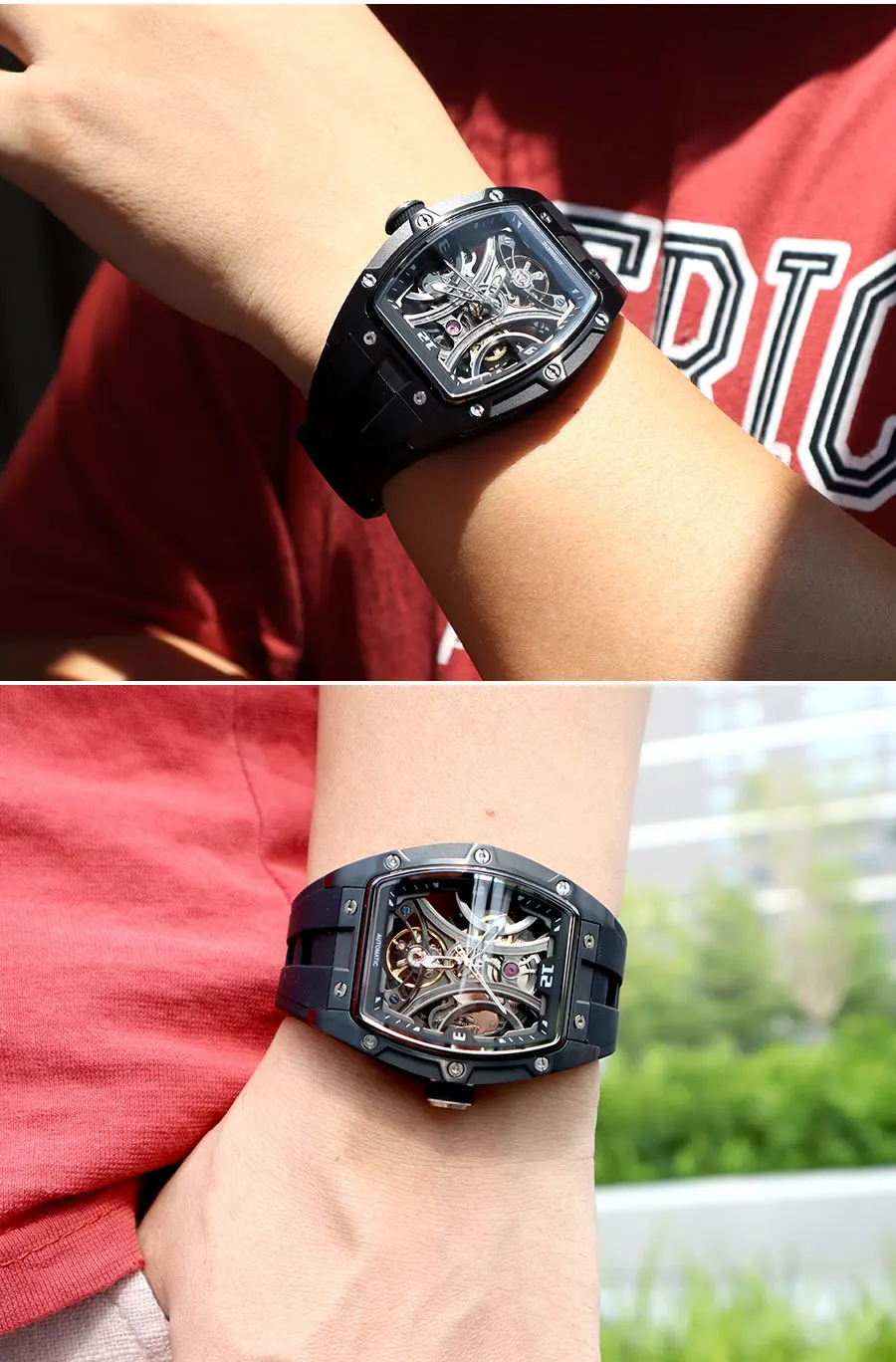 MEGIR Sport-Stil, automatische mechanische Uhr für Herren, voll hohl, transparentes Zifferblatt-Design, Edelstahlgehäuse, Silikonarmband – Detail 14