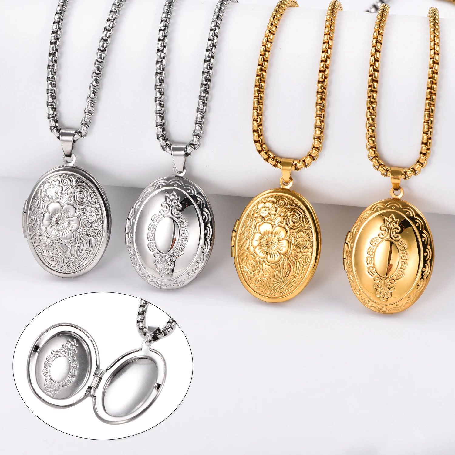 Collares con colgante de medallón ovalado con patrón Floral para mujeres y hombres, marco de fotos de acero inoxidable, Collar de recuerdo de promesa de amor