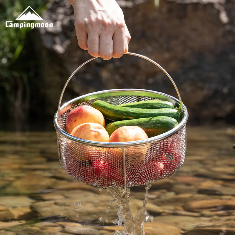 CAMPINGMOON CC-22 Outdoor Dali Water Basket 304 Stainless Steel Camping Folding Handle Vegetable Washing Basin Filter Basket