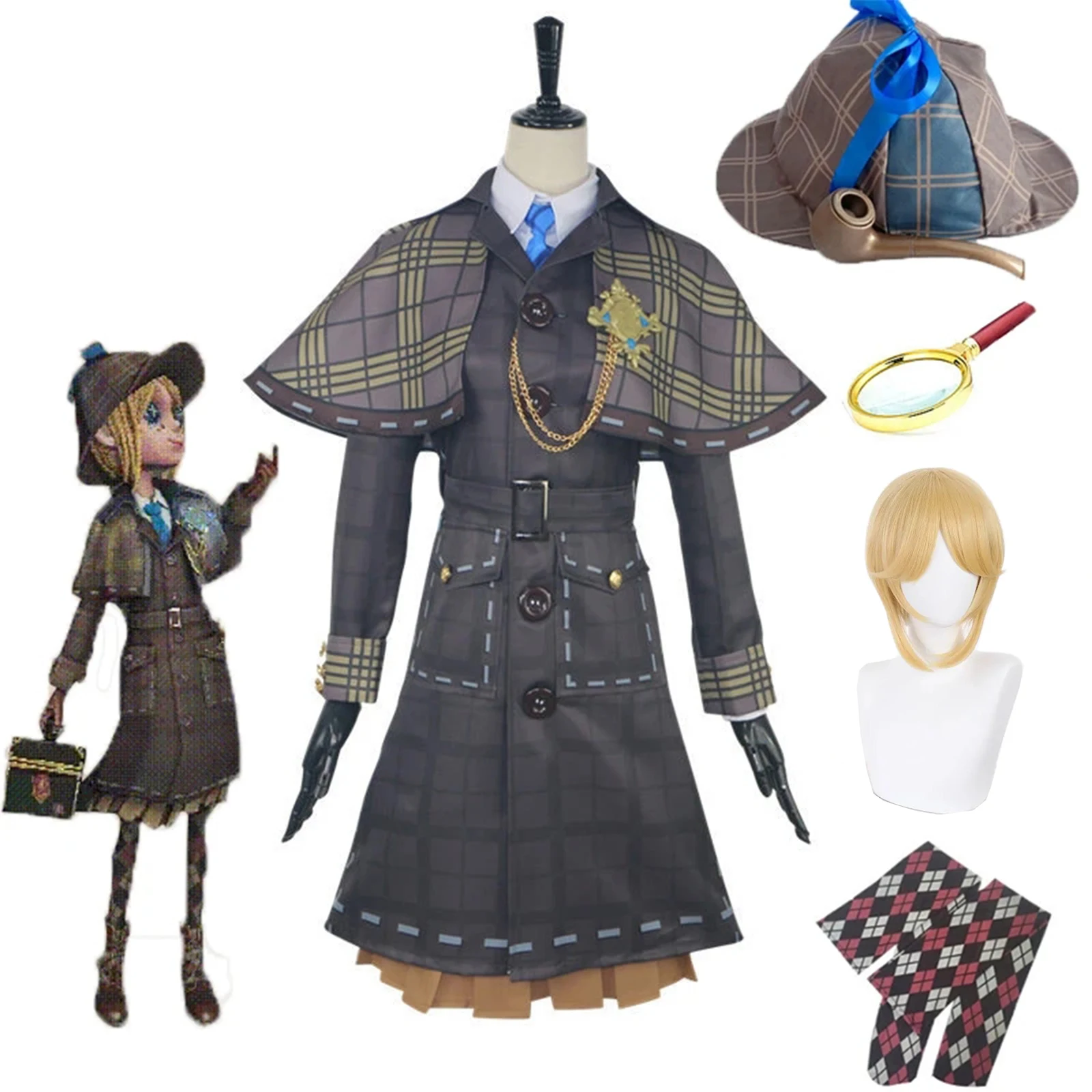 Game ldentity V:Gardener Miss Truth Emma Woods Cosplay Costume Set With Hat Magnifying Glass wig for Halloween