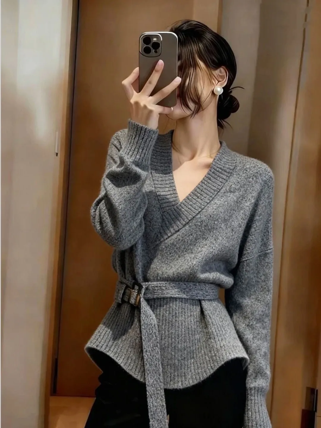 

Корейский однотонный асимметричный трикотаж с v-образным вырезом, женский зимний свободный крой, длинный све, теплый топ, верхняя одежда, внутренняя одежда