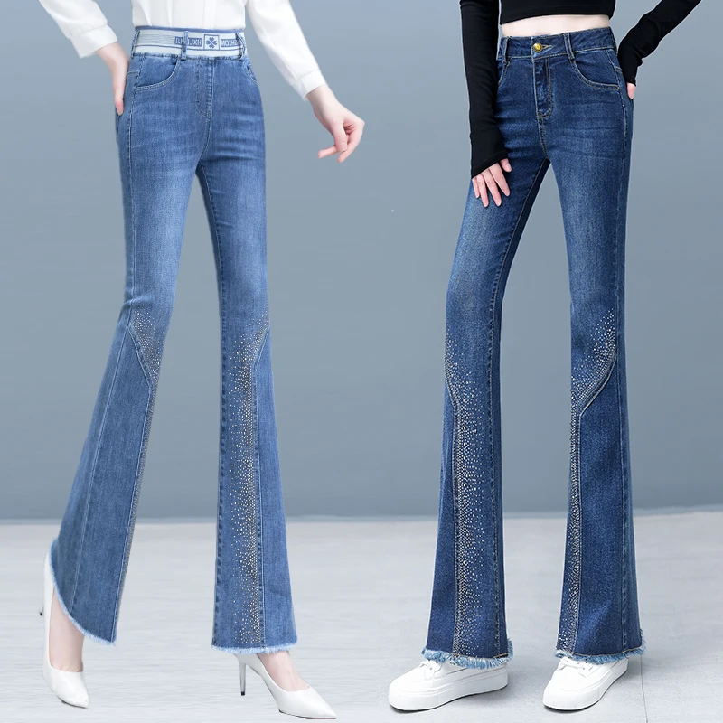 

Джинсы-колокольчики с высокой талией, женские весенние новые утягивающие хлопковые эластичные джинсовые брюки, светло-голубые леггинсы-колокольчики