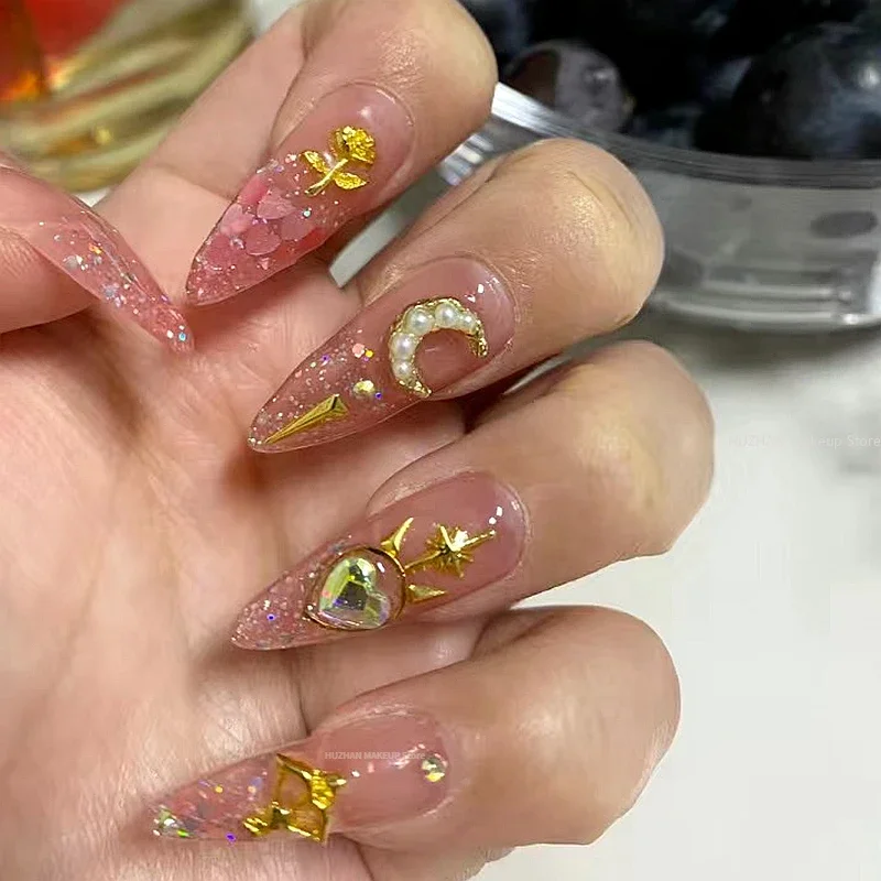 Uñas postizas hechas a mano Y2K rosa brillante con pegamento, uñas postizas reutilizables, ataúd de almendra, puntas de diamantes de imitación, prensa en uñas, manicura DIY