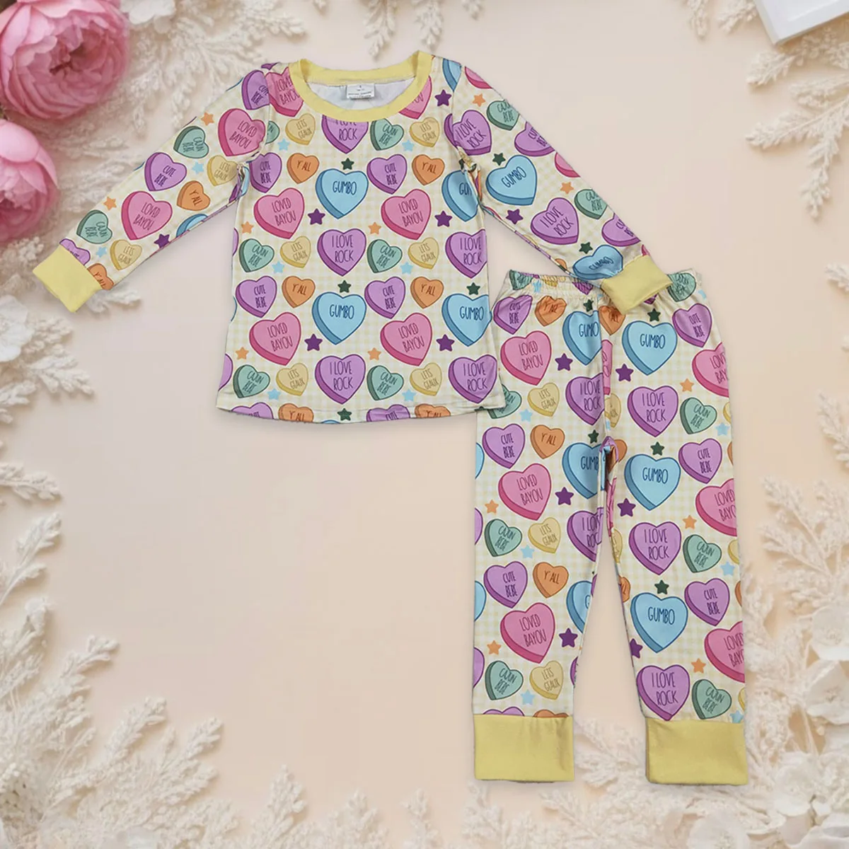 

Toddler Baby Girl Long Sleeve Valentine Pajamas Sets Hearts Stars Tops Kids Pant Cotton 2Pcs Soft Children Outfit Wholesale