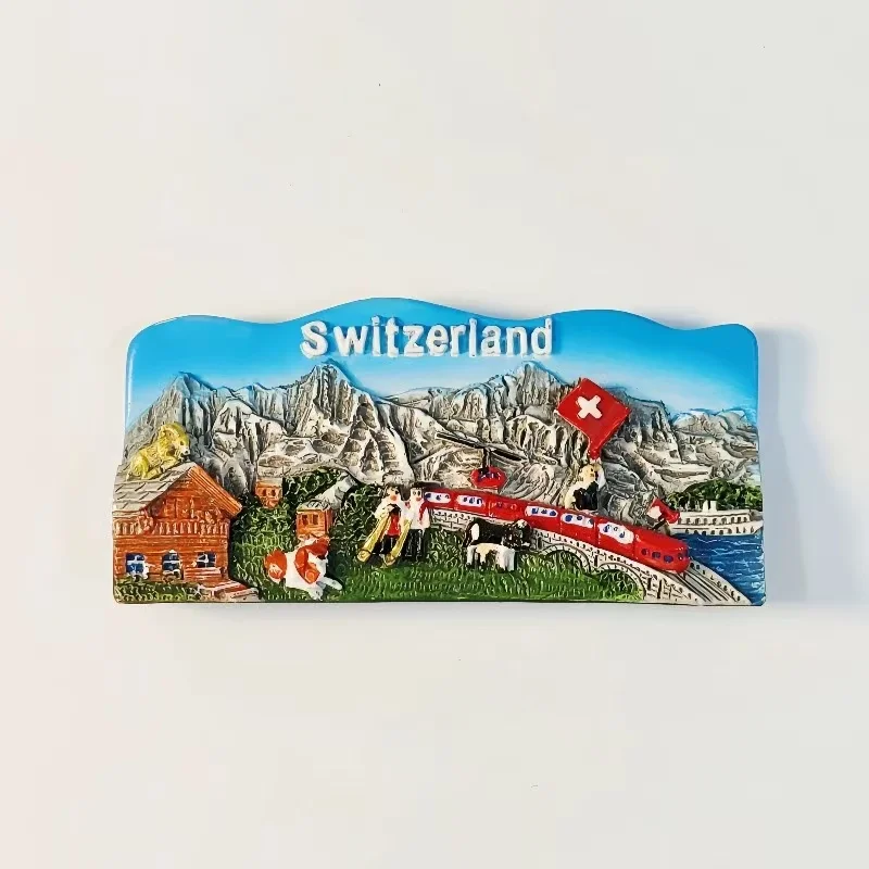 Swiss Girl Peak Tourist Souvenir Creative 3D Landscape Painting Small Train Magnetic Refrigerator Sticker Decorative Gift