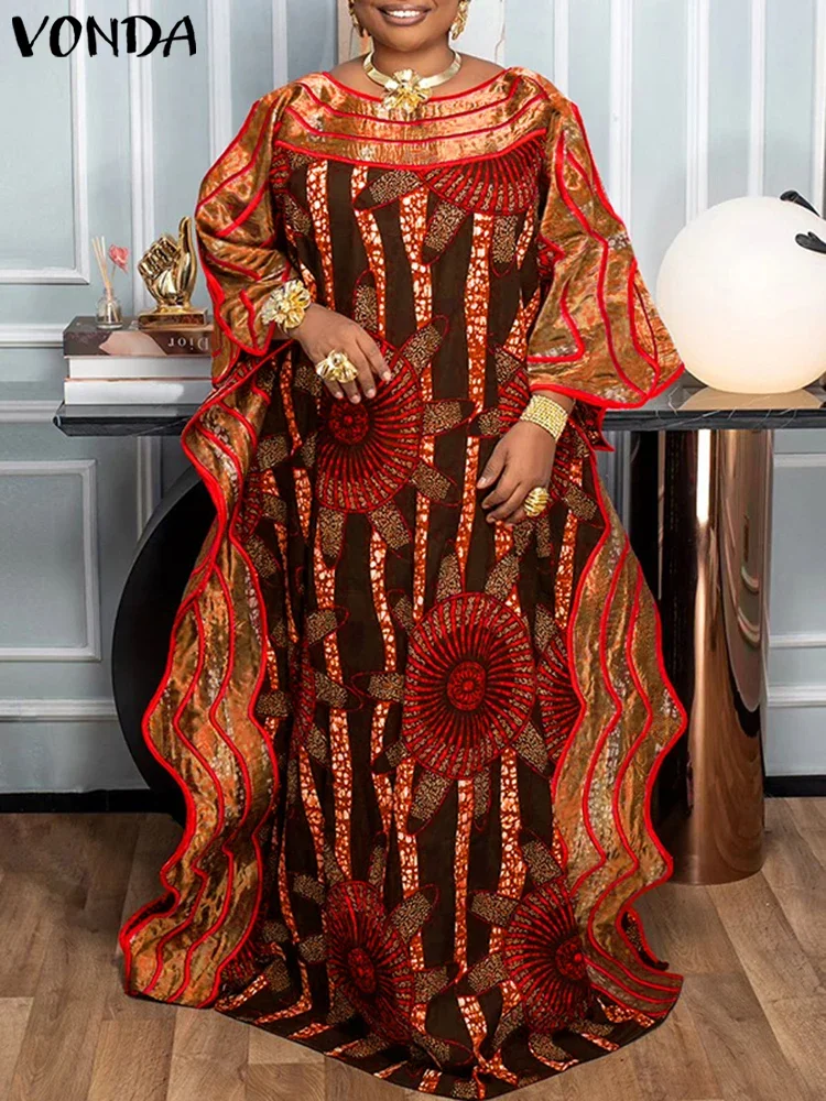 

Printed Dress Sundress Women Vintage Flare Sleeve Ruffled Printed Long Robe Casual Vestido Oversized Plus Size VONDA