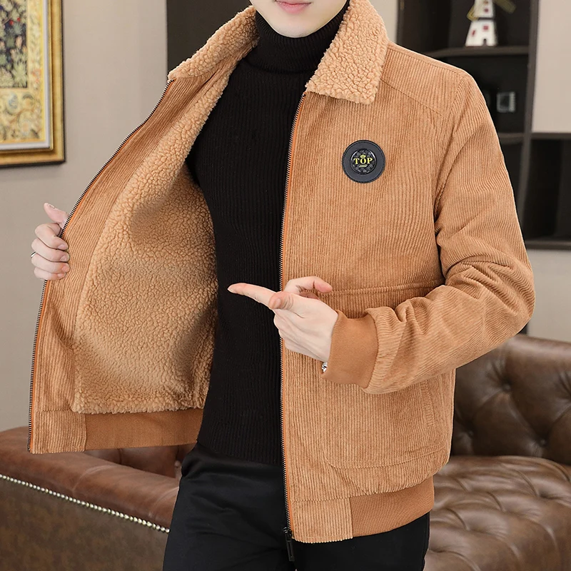 

Мужская зимняя куртка Briti Sle из вельвета с флисовой подкладкой, коричневая, с воротником из овечьего бархата, на молнии, приталенный крой