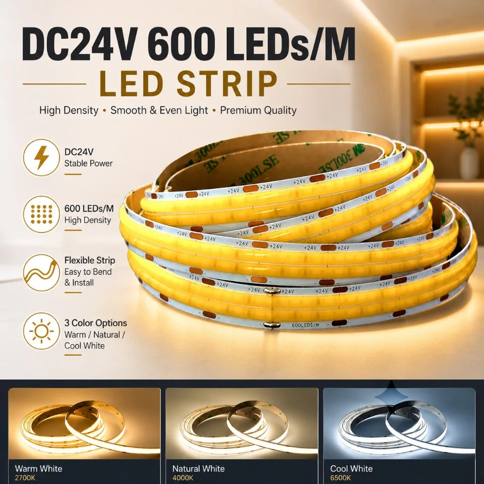 DC24V Double Row COB LED Strip 600LEDs/M 2000lm per Meter Dimmable High Bright Flexible Tape 3000K/4000K/6000K for Bedroom Decor