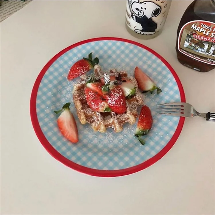 Blue And White Gingham Pattern Melamine Dinner Plate Polka Dot round Resistant to Hot And Cold Bowls And Dishes for Girls