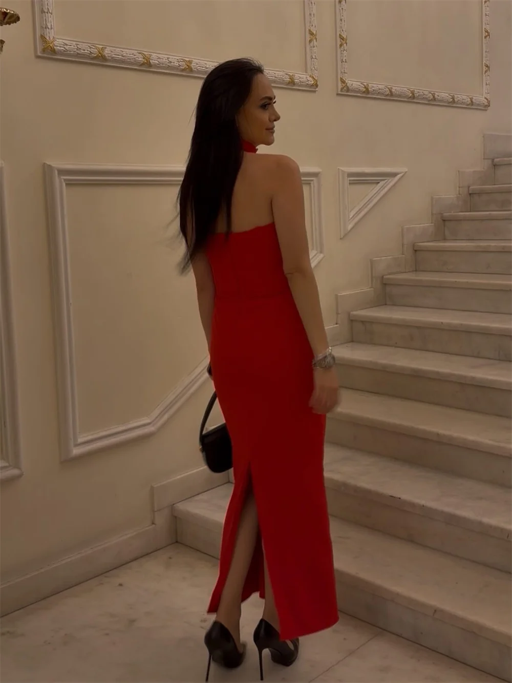 Clássico decote alto sereia formal vestido de baile sem mangas alta fenda mulher vestido de festa comprimento do tornozelo vestido de noite personalizado