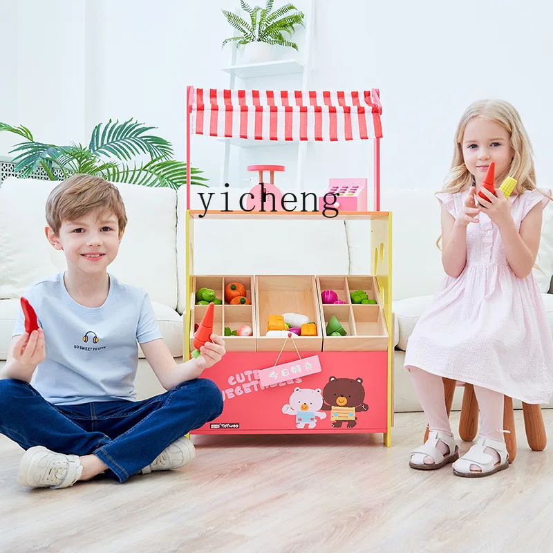 ZK-Puesto de frutas y verduras de madera para niños y niñas, simulación de venta, contador de cajero