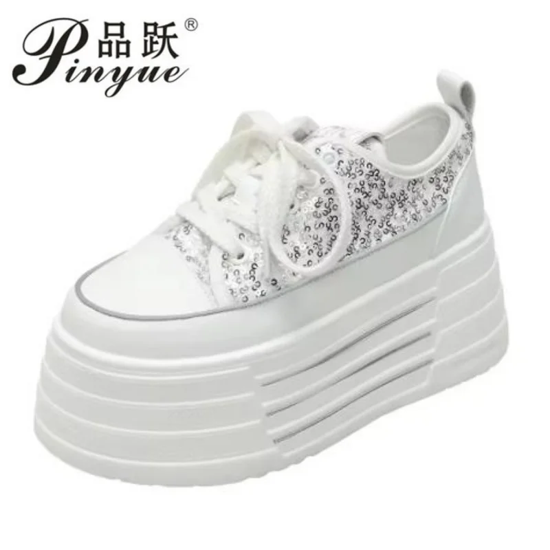 

8cm New Women Sequins with Thick Bottom Canvas Shoes Spring/Summer Student Vulcanized Shoes Casual Running Sneakers 35-40