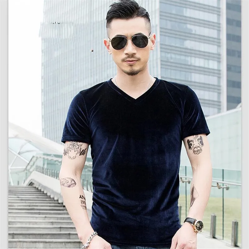 Men Vintage Velour T-Shirts 2024 Spring Summer Men\'s Solid Short Sleeve V-neck Velvet Tops Plus Size 5XL 6XL 7XL Black Blue Wine