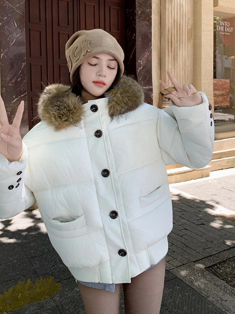 

Loose 2025 Winter Down Cotton Jacket Women Short Fur Collar South Korean Chic Cotton Padded Hoodie Thick Parkas Outerwear