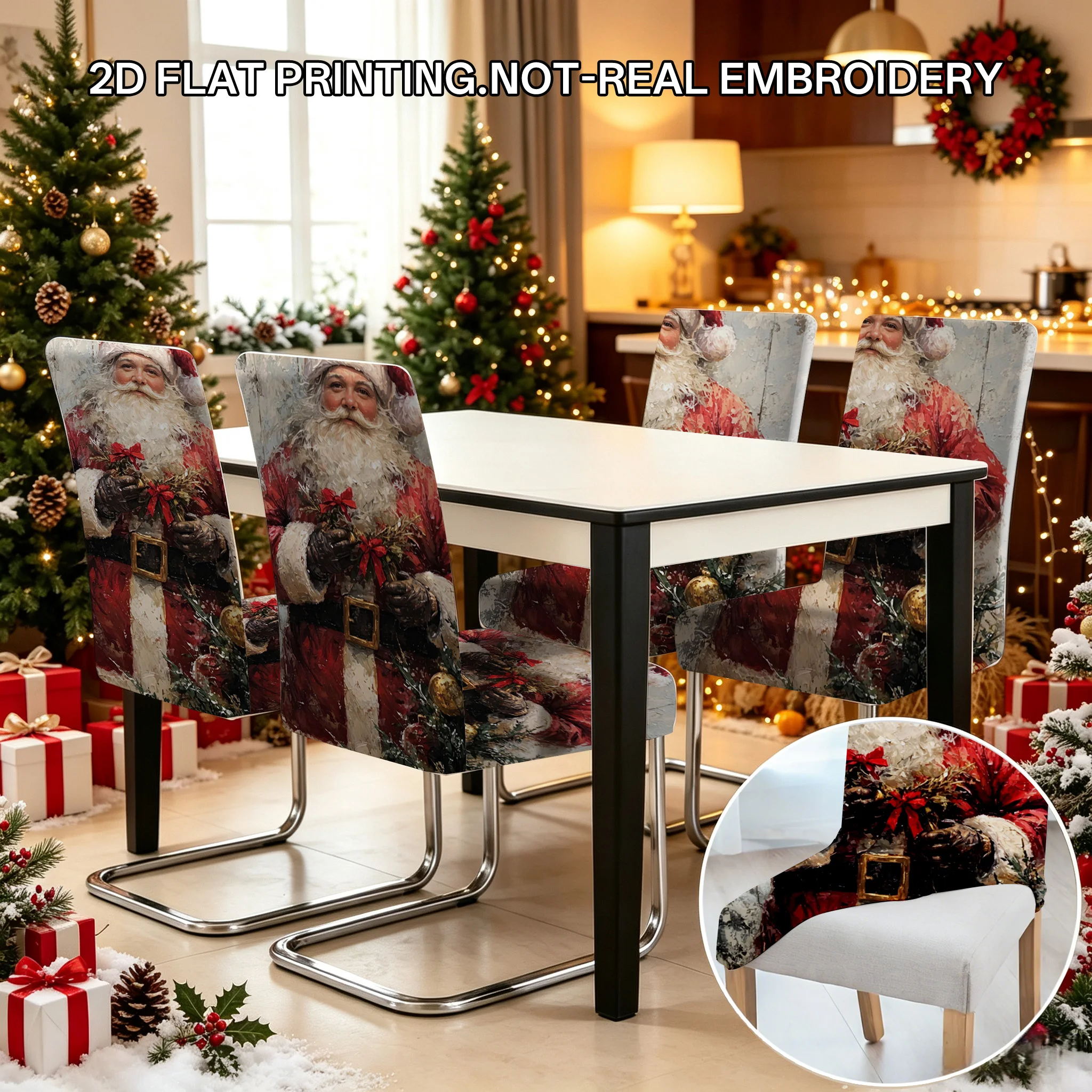 2/4/6 PCS Christmas Santa branches pendant painting elastic dining chair cover, 2D flat pattern Christmas holiday decoration