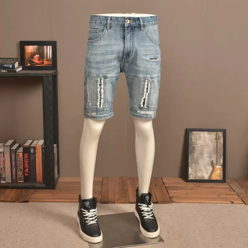 Fashion Designer Summer Men Jeans Retro Blue Elastic Slim Fit Ripped Short Jeans Spliced Designer Hip Hop Denim Shorts Hombre